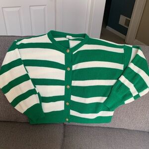 Green & White Striped Cardigan Sweater Goldtone buttons Sz Large St Patricks Day
